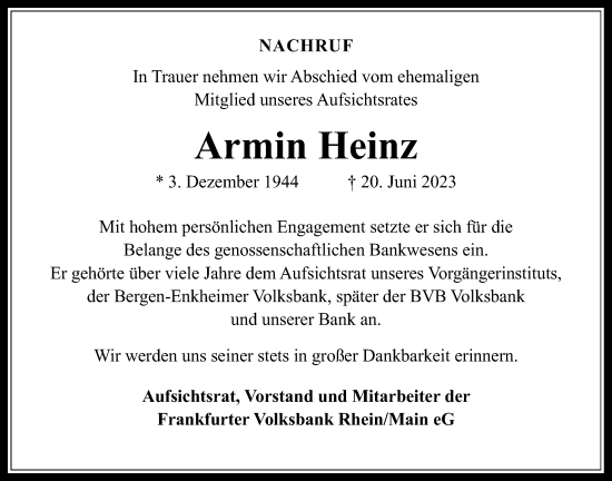 Traueranzeige von Armin Heinz von Wetterauer Zeitung