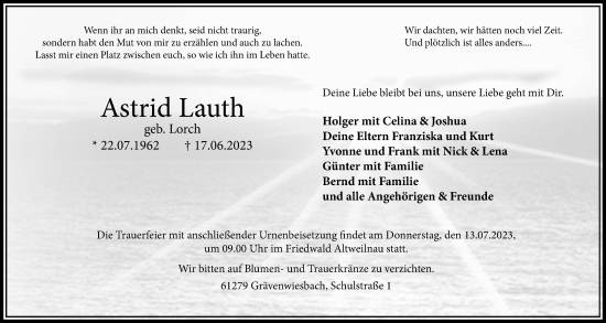 Traueranzeige von Astrid Lauth von Usinger Anzeiger