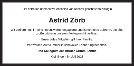 Traueranzeige von Astrid Zörb von Giessener Allgemeine, Alsfelder Allgemeine