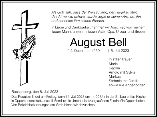 Traueranzeige von August Bell von Wetterauer Zeitung