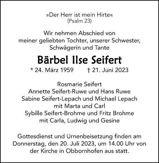 Traueranzeige von Bärbel Ilse Seifert von Licher Wochenblatt