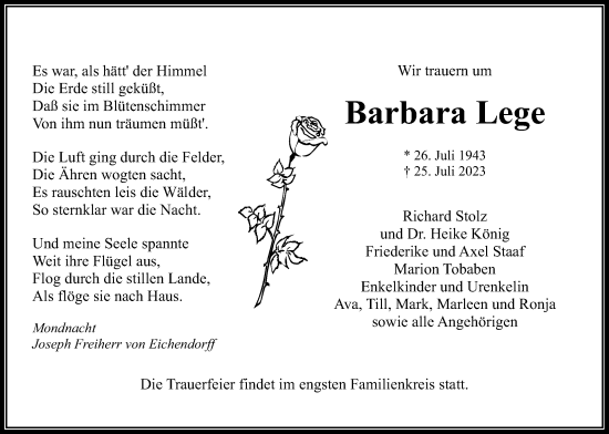 Traueranzeige von Barbara Lege von Wetterauer Zeitung