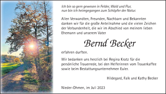 Traueranzeige von Bernd Becker von Giessener Allgemeine, Alsfelder Allgemeine