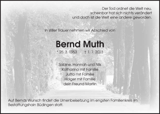 Traueranzeige von Bernd Muth von Kreis-Anzeiger