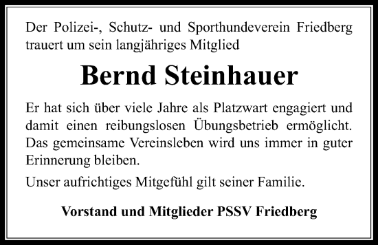 Traueranzeige von Bernd Steinhauer von Wetterauer Zeitung