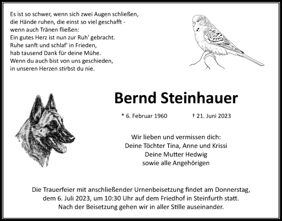 Traueranzeige von Bernd Steinhauer von Wetterauer Zeitung