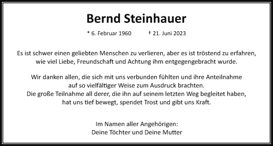 Traueranzeige von Bernd Steinhauer von Wetterauer Zeitung