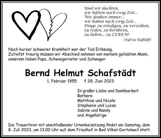 Traueranzeige von Bernd Helmut Schafstädt von Bad Vilbel/Karben