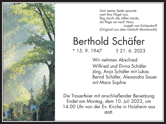 Traueranzeige von Berthold Schäfer von Wetterauer Zeitung, Giessener Allgemeine, Alsfelder Allgemeine, Giessener Anzeiger