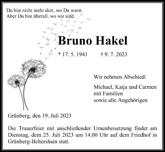 Traueranzeige von Bruno Hakel von Laubacher Anzeiger