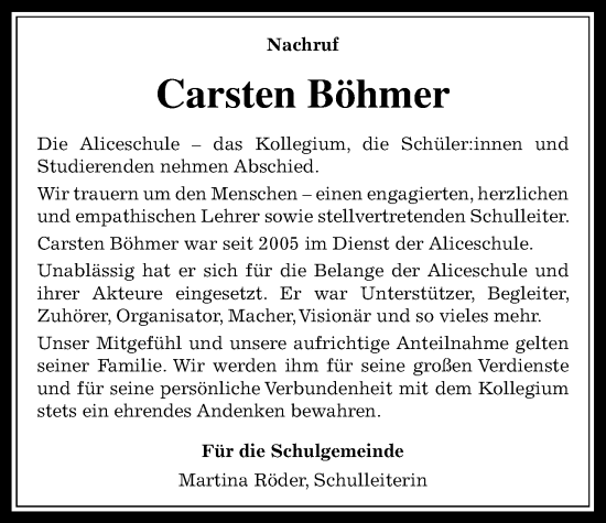 Traueranzeige von Carsten Böhmer von Giessener Allgemeine, Alsfelder Allgemeine