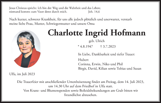 Traueranzeige von Charlotte Ingrid Hofmann von Kreis-Anzeiger