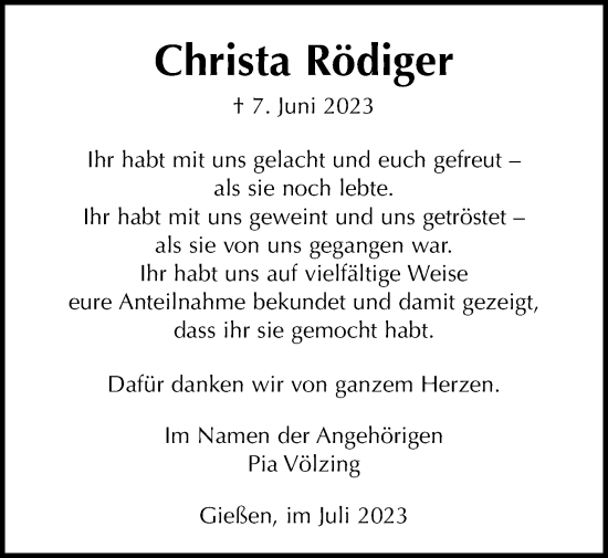 Traueranzeige von Christa Rödiger von Giessener Anzeiger, Giessener Allgemeine, Alsfelder Allgemeine