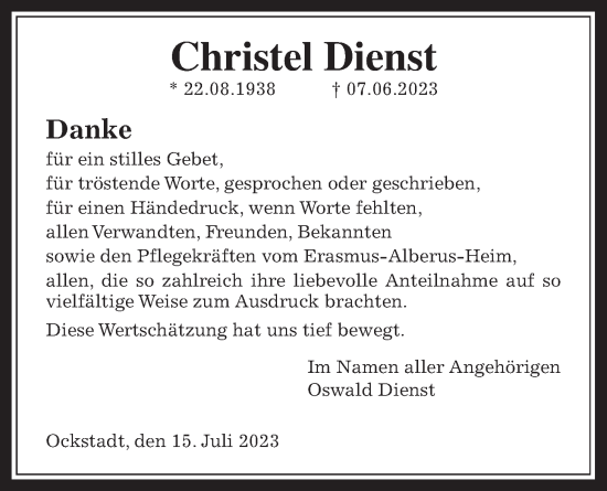 Traueranzeige von Christel Dienst von Wetterauer Zeitung