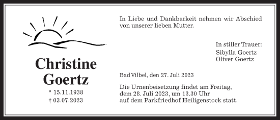 Traueranzeige von Christine Goertz von Karbener Zeitung, Bad Vilbeler Anzeiger