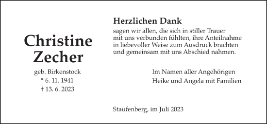 Traueranzeige von Christine Zecher von Giessener Anzeiger, Giessener Allgemeine, Alsfelder Allgemeine