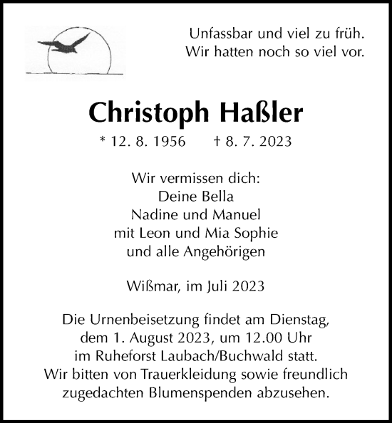 Traueranzeige von Christoph Haßler von Giessener Anzeiger
