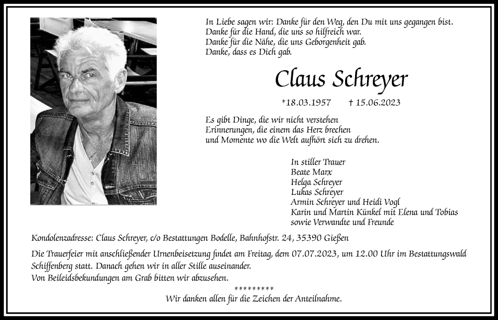  Traueranzeige für Claus Schreyer vom 01.07.2023 aus Giessener Anzeiger, Giessener Allgemeine, Alsfelder Allgemeine