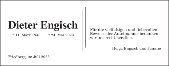 Traueranzeige von Dieter Engisch von Wetterauer Zeitung