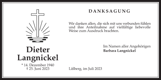 Traueranzeige von Dieter Langnickel von Kreis-Anzeiger