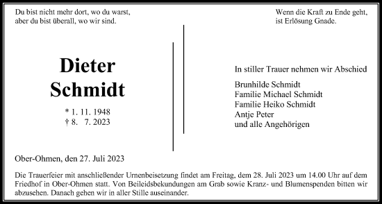 Traueranzeige von Dieter Schmidt von Mücker Stimme