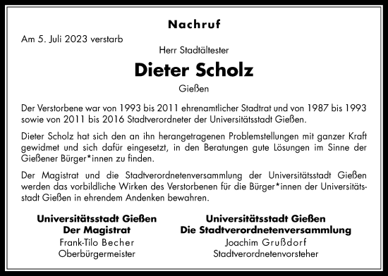 Traueranzeige von Dieter Scholz von Giessener Allgemeine, Alsfelder Allgemeine, Giessener Anzeiger