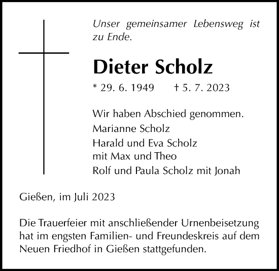 Traueranzeige von Dieter Scholz von Giessener Allgemeine, Alsfelder Allgemeine, Giessener Anzeiger