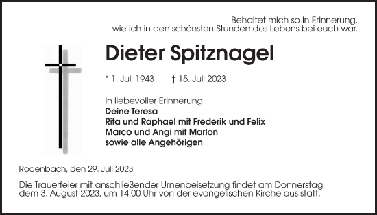 Traueranzeige von Dieter Spitznagel von Kreis-Anzeiger