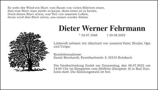 Traueranzeige von Dieter Werner Fehrmann von Wetterauer Zeitung