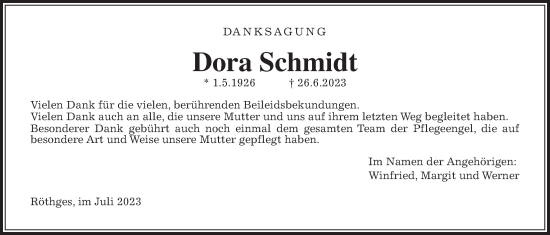 Traueranzeige von Dora Schmidt von Laubacher Anzeiger, Giessener Allgemeine, Alsfelder Allgemeine, Giessener Anzeiger