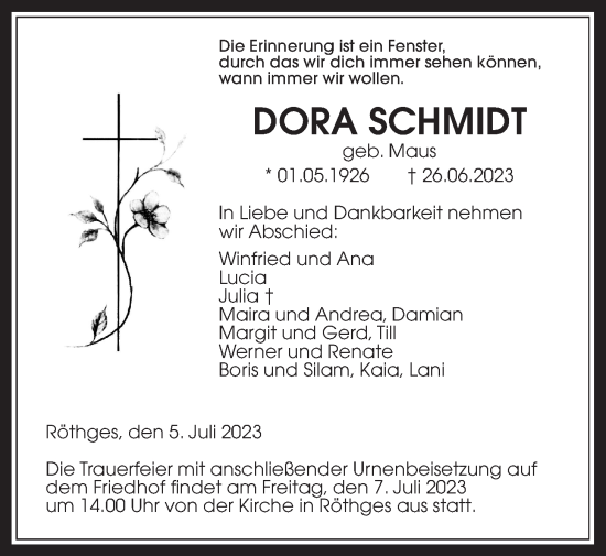Traueranzeige von Dora Schmidt von Giessener Allgemeine, Alsfelder Allgemeine, Laubacher Anzeiger