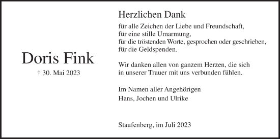 Traueranzeige von Doris Fink von Giessener Allgemeine, Alsfelder Allgemeine