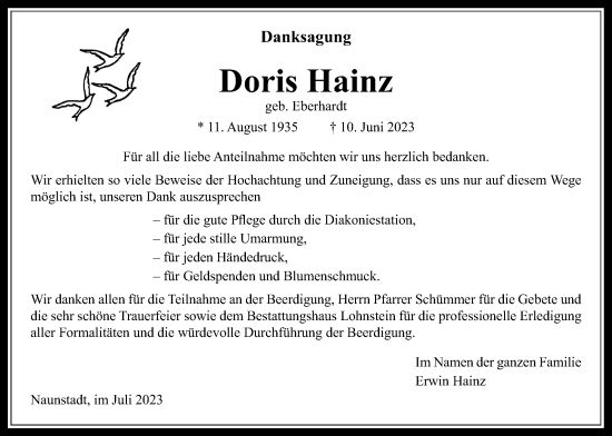 Traueranzeige von Doris Hainz von Usinger Anzeiger