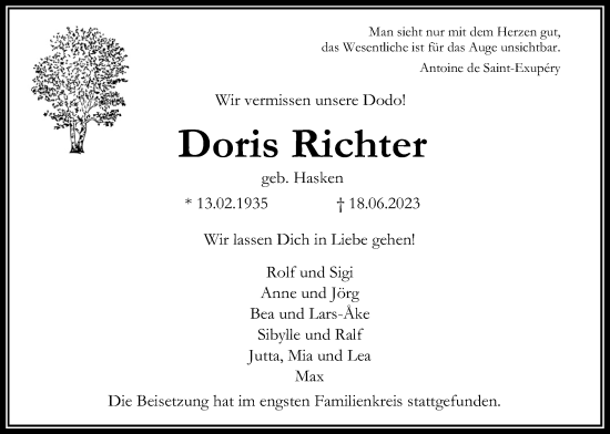 Traueranzeige von Doris Richter von Usinger Anzeiger