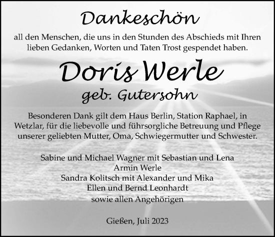 Traueranzeige von Doris Werle von Giessener Anzeiger, Giessener Allgemeine, Alsfelder Allgemeine