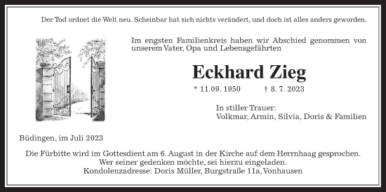 Traueranzeige von Eckhard Zieg von Kreis-Anzeiger
