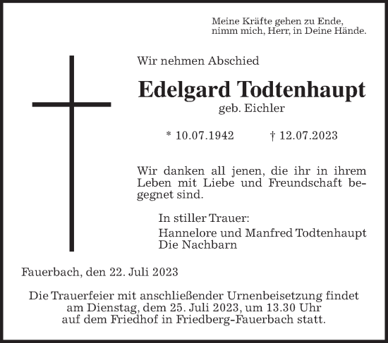 Traueranzeige von Edelgard Todtenhaupt von Wetterauer Zeitung