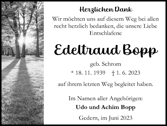 Traueranzeige von Edeltraud Bopp von Kreis-Anzeiger