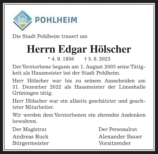 Traueranzeige von Edgar Hölscher von Pohlheimer Nachrichten