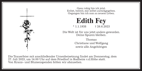 Traueranzeige von Edith Fey von Wetterauer Zeitung