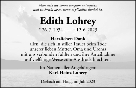 Traueranzeige von Edith Lohrey von Kreis-Anzeiger