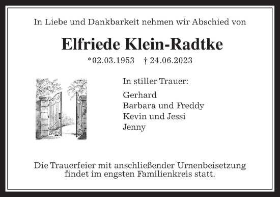 Traueranzeige von Elfriede Klein-Radtke von Wetterauer Zeitung