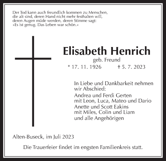 Traueranzeige von Elisabeth Henrich von Giessener Allgemeine, Alsfelder Allgemeine