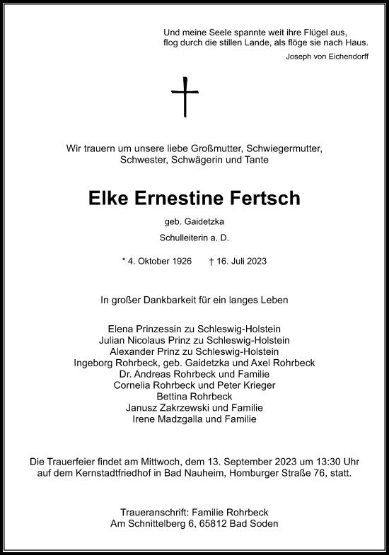 Traueranzeige von Elke Ernestine Fertsch von Wetterauer Zeitung