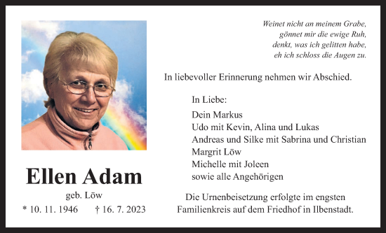 Traueranzeige von Ellen Adam von Wetterauer Zeitung