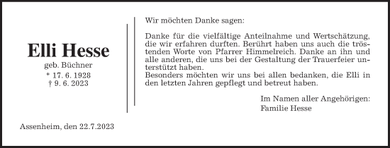Traueranzeige von Elli Hesse von Wetterauer Zeitung