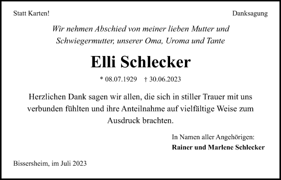 Traueranzeige von Elli Schlecker von Giessener Anzeiger