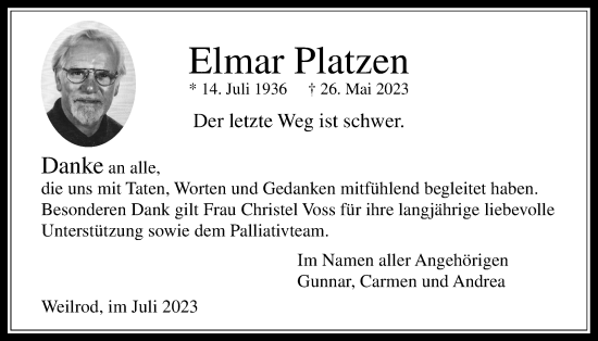 Traueranzeige von Elmar Platzen von Usinger Anzeiger