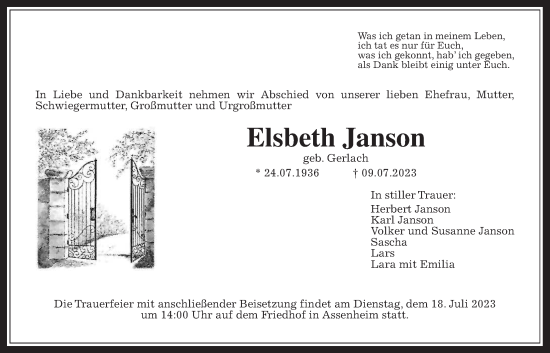Traueranzeige von Elsbeth Janson von Wetterauer Zeitung