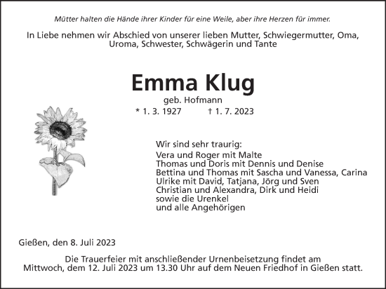 Traueranzeige von Emma Klug von Giessener Allgemeine, Alsfelder Allgemeine